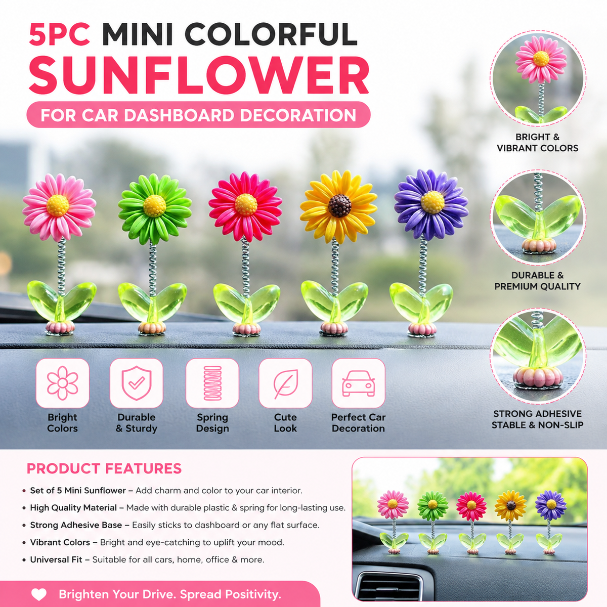 🌻 5PC Mini Colorful Sunflower Car Dashboard Decoration