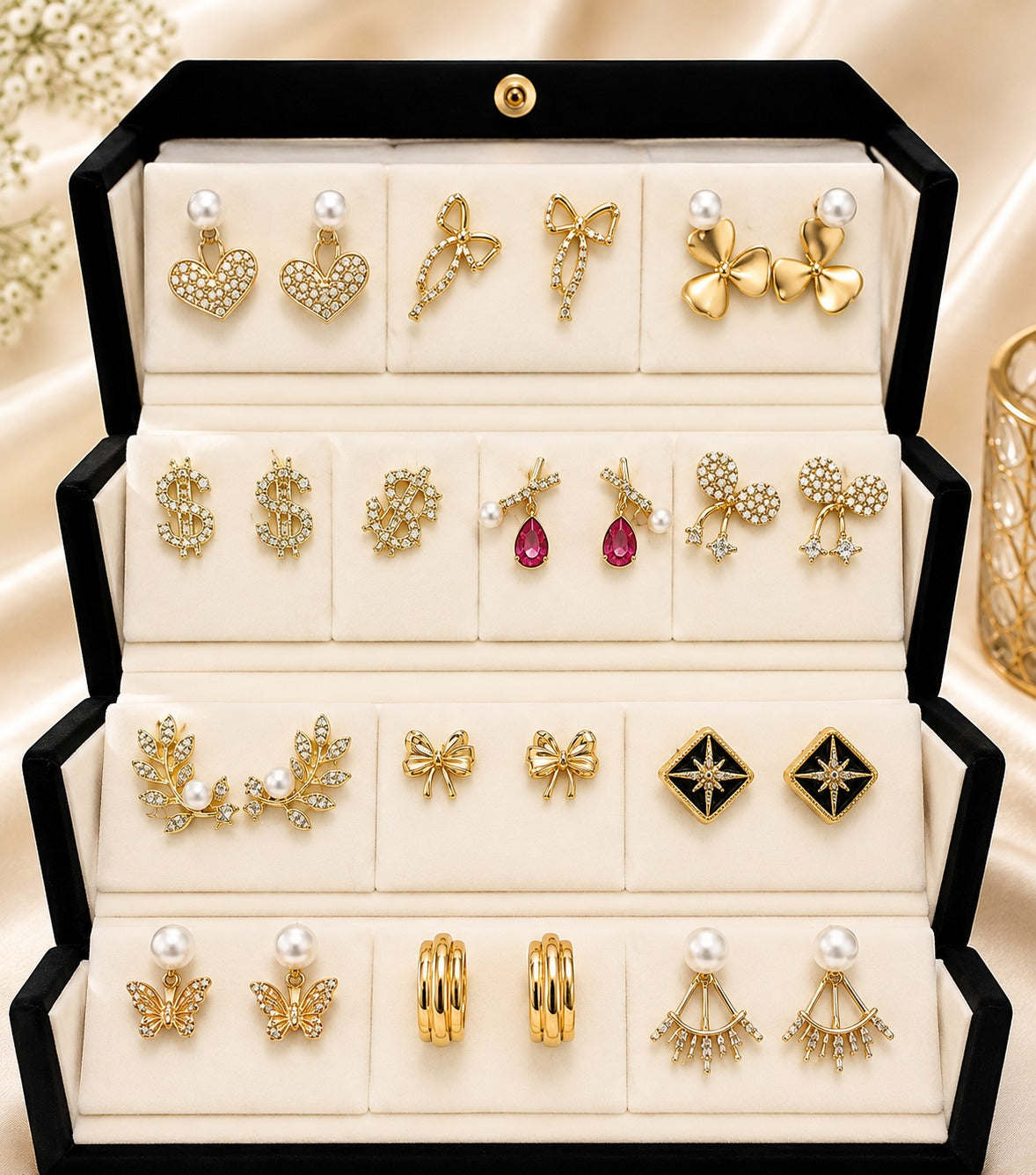Luxury 16-Pair Gold-Plated Stud Earrings Collection