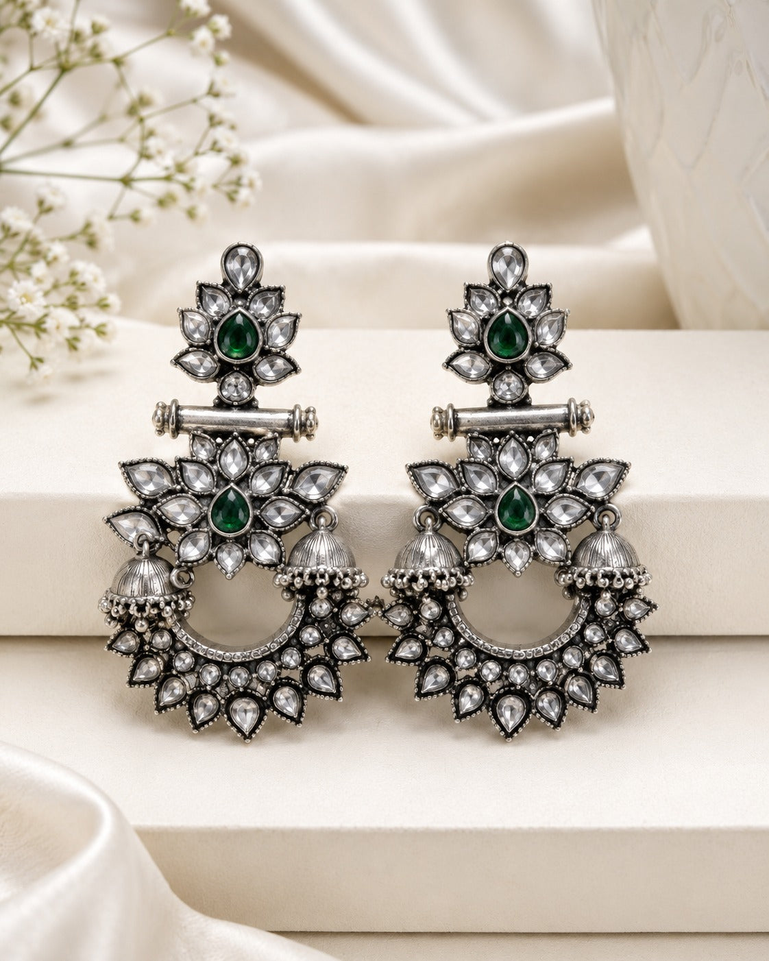 Luxury Oxidised Silver Chandbali Earrings with Green Kundan Stones
